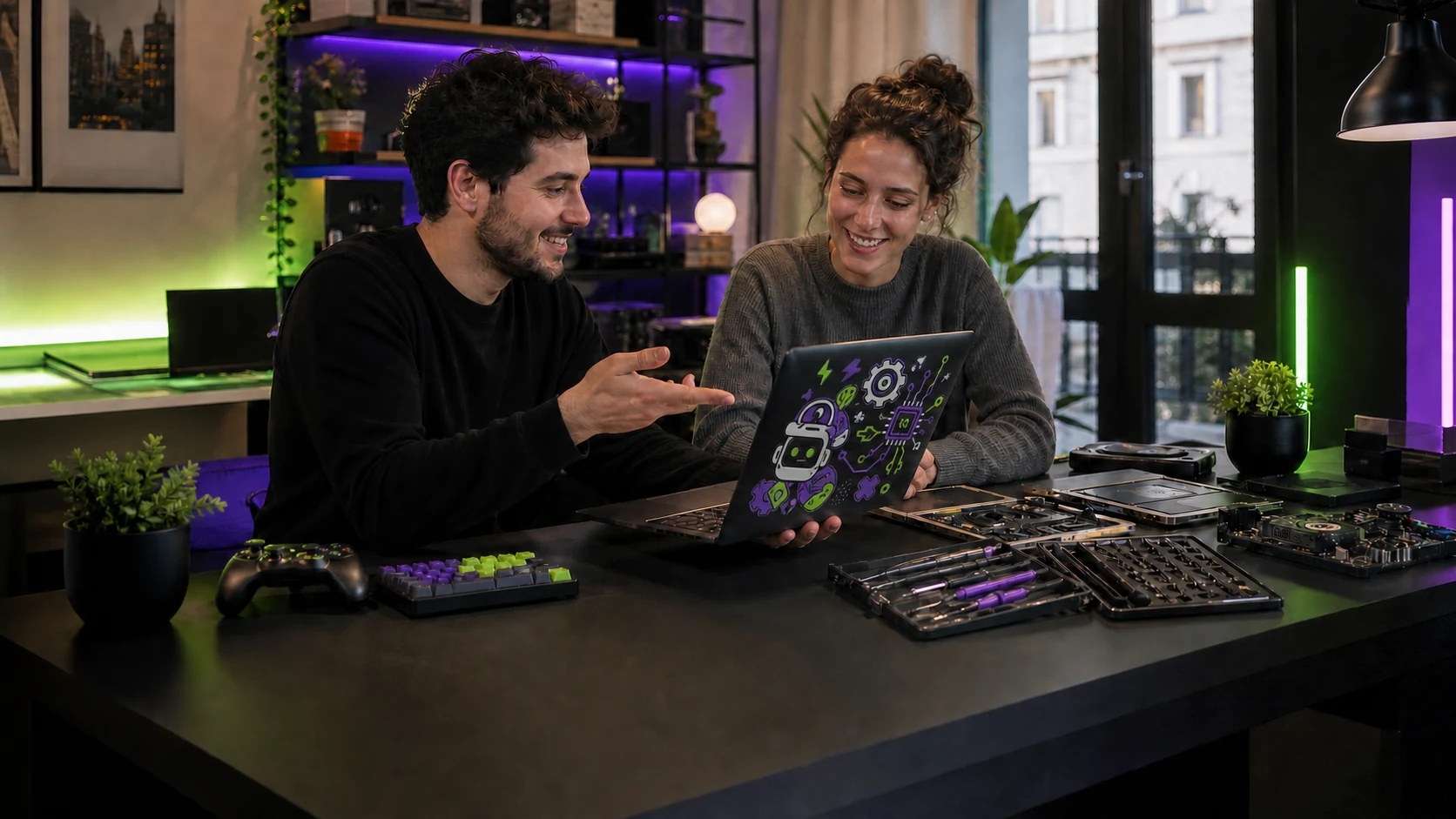 Técnico y cliente revisando juntos un ordenador reparado
